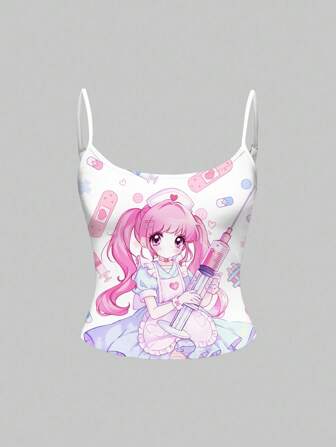Anime Parte superior sin mangas con estampado total de personaje de anime de enfermera en forma de corazón en estilo Lolita Y2K, en blanco y rosa para mujer, refrescante para el verano