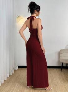 Modelyn 女式金属扣阔腿吊带连体裤 - 酒紅色 - 查看 3