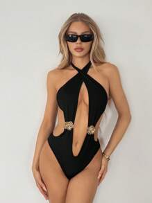 SHEIN ICON 黑色金属交叉带深 V 领紧身衣 - 黑色 - 查看 3