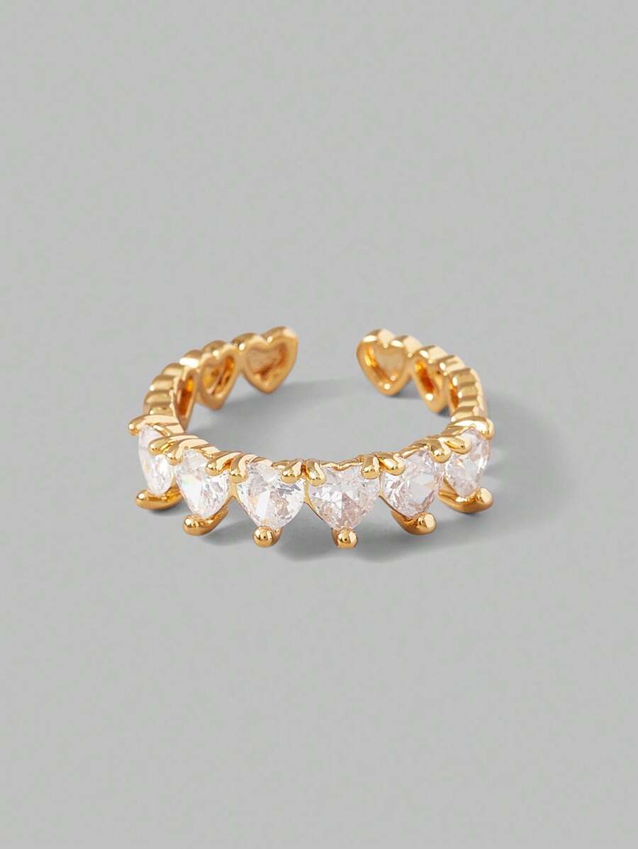 Ontre Anillo abierto en forma de corazón chapado en oro de 18 quilates con circonitas cúbicas totalmente engastadas