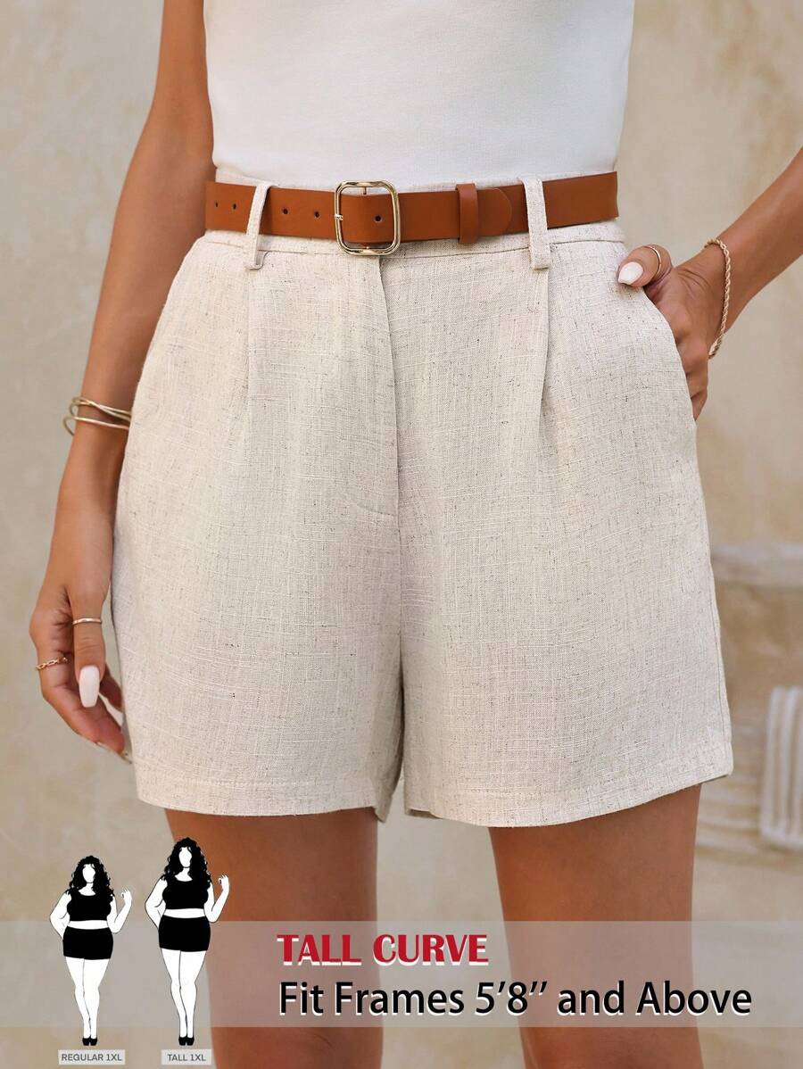 SHEIN Tall CURVE Plus Size Linen Plain Casual Elegant Shorts With Bamboo Nodes, Wearable In All Seasons - Apricot - View 1