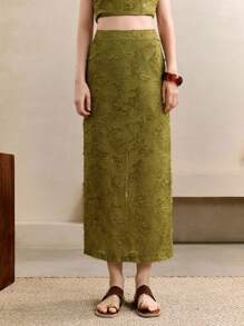 EMERY ROSE Women's Texture Fabric Pickle Green Straight Jacquard Design Back Slit Hem Midi Skirt,Summer,Vacation Boho,European Skirt Fall Cloth For Women - Green - View 6