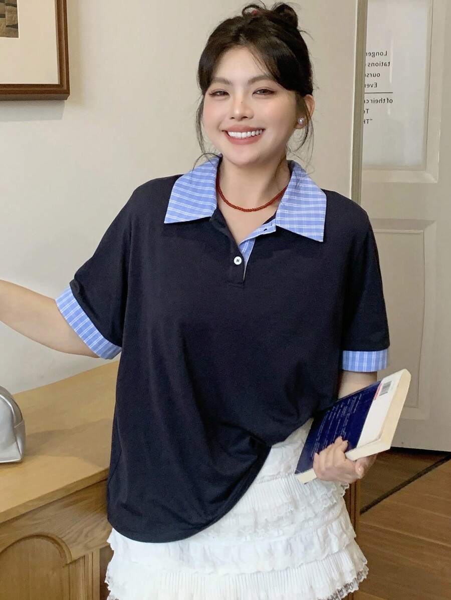 Dazy Plus 撞色拼布Polo领短袖宽松T恤
