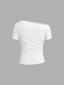 Ellevyn Áo thun dệt kim co giãn tay ngắn hở vai bất đối xứng màu trơn thanh lịch dành cho nữ, mùa xuân/hè - Nhiều màu - Xem 11