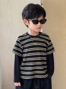 Zikori Zikori Young Boys Casual Black & White Striped Round Neck Long Sleeve T-Shirt
