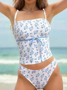 Swim Mod Women's New Fashion Ditsy Floral Cute Sexy Fitted Spaghetti Strap Tank Top With Bow Knot Strap & Triangle Bikini Swimsuit, Summer Beach Swimwear Set