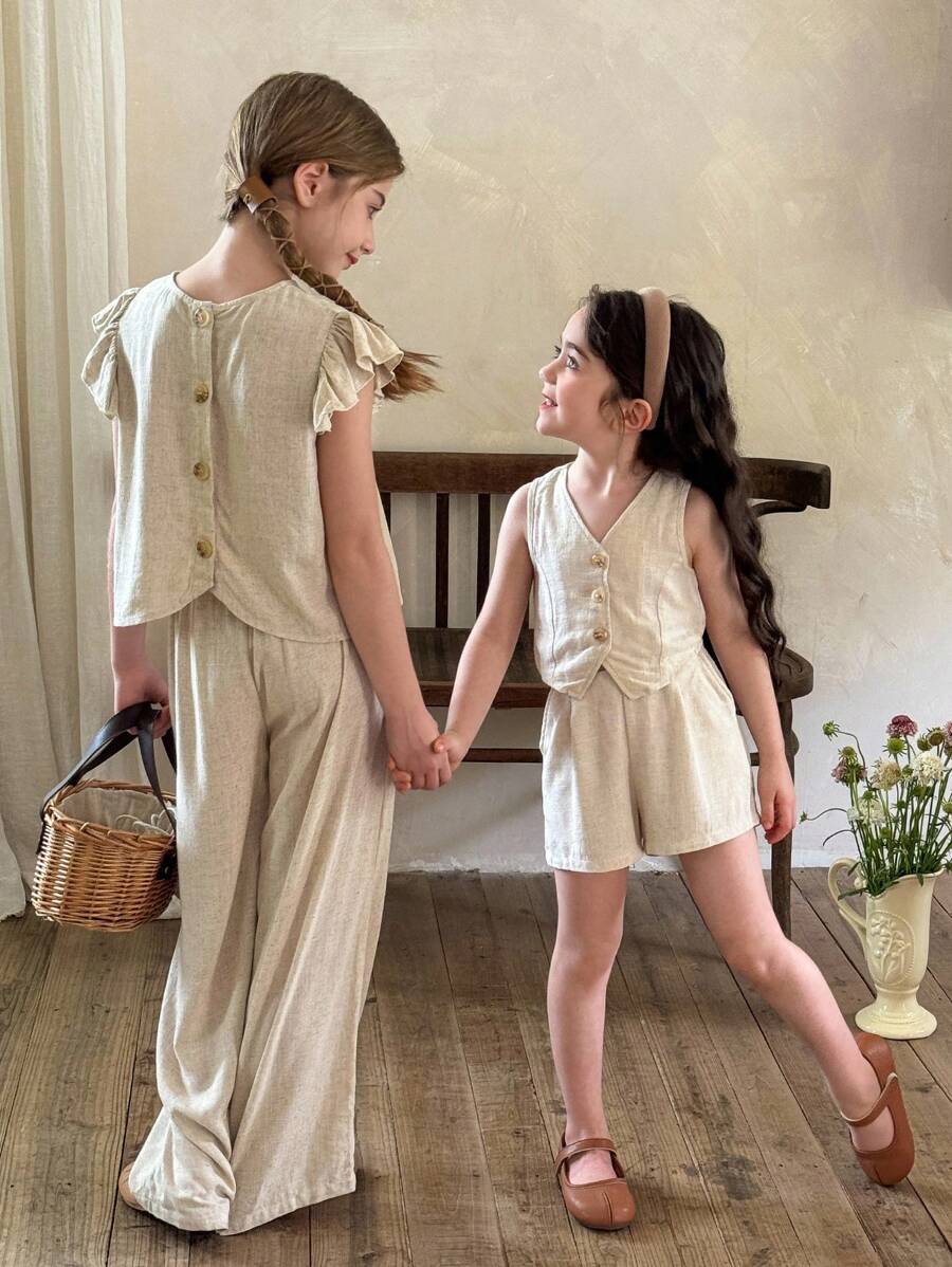 LMoss Kids LMoss 2 件套 Tween Girl 编织纯色圆领修身休闲衬衫和宽松长裤套装 - 米色 - 查看 1