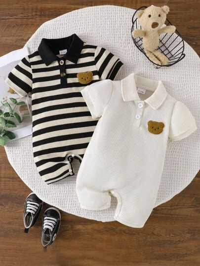 婴幼儿女童 Polo 衫短袖连体衣针织领婴儿连体衣，夏季婴儿时尚舒适短裤装，居家户外