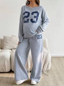 SHEIN 2pcs Set Maternity Casual Loose Number Print Top And Pants  Fall Women Clothes