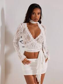 Opulessa Women's Floral Lace Long Sleeve Cropped Sexy Fitted Blouse Holiday Outfits Summer Outfits Vacation White Lace Top Lace Long Sleeve Top White Sheer Top Lace Wrap Top White Lace Crop Top