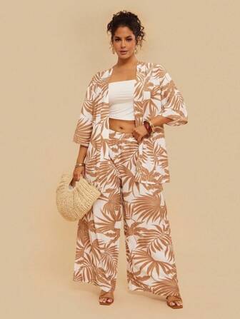 Travachic 2pcs Plus Size Leaf Print Button Down Shirt & Pants Set, For Vacation,Tropical Vacation Woman Clothes,Beach Outfits,Lounge Sets For Women,Beach,Holiday Outfits Boho