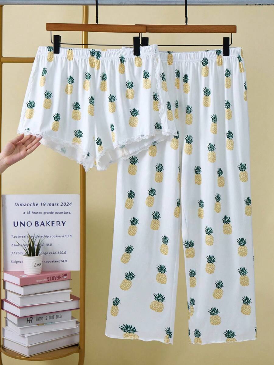 Set de 2 piezas Pantalón de pijama de talla grande con estampado de piña