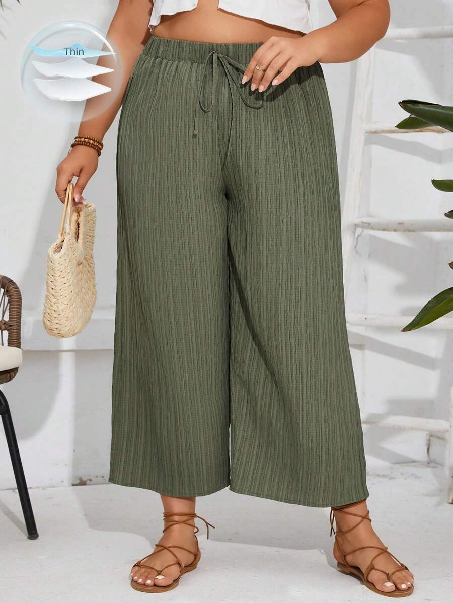 SHEIN Frenchy Pantalon grande taille pour vacances, couleur unie texturée à lacets, large jambe évasée - Vert - Voir 1