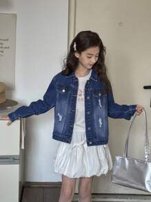 Sparklyn 青少年女孩街头风格破洞细节舒适水洗牛仔夹克，百搭时尚，全年必备单品