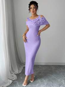 Modelyn 女士纯色网眼拼布 3D 花卉镂空肩部中长连衣裙 - 紫色 - 查看 6