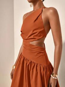 Zivah New Spring & Summer Casual Vacation Asymmetrical Hollow-Out Waist Cross-Back Dress - B Burnt Orange Dress Rust Dress Terracotta Dress - Redwood - View 4
