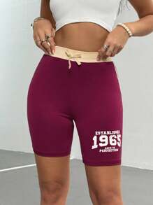 SHEIN Teen Girls Casual Numeric Print Bow Decor Leggings - Burgundy - View 5