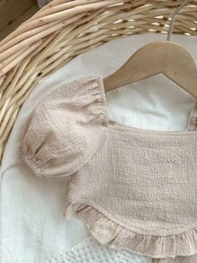 SHEIN Baby Girl Summer Casual Solid Color Short Sleeve Top & Pants 2pcs Set - Khaki - View 3