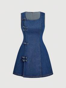 SHEIN MOD 女式方领无袖修身A字牛仔连衣裙，蓝色 - 深色水洗藍 - 查看 1