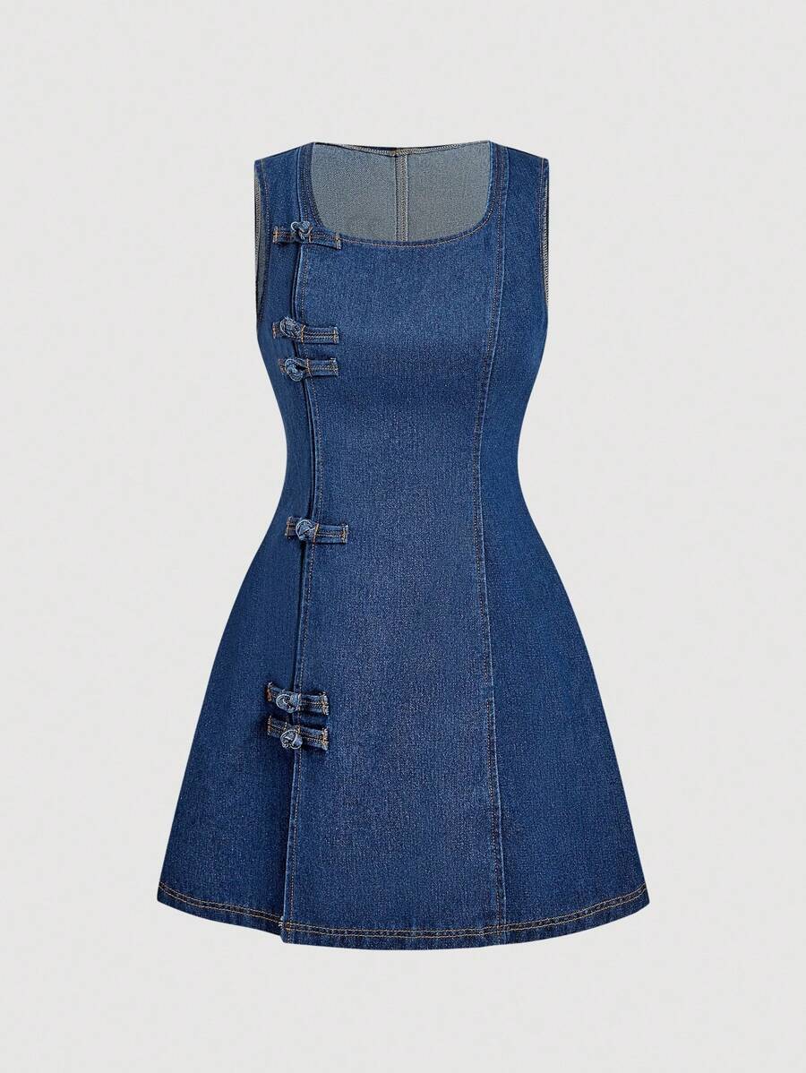 SHEIN MOD 女式方领无袖修身A字牛仔连衣裙，蓝色 - 深色水洗藍 - 查看 1