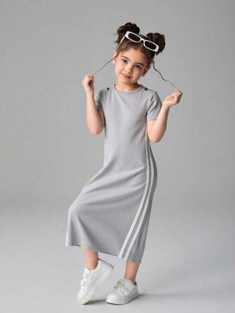 Girls' Casual Colorblock Striped Side Slit Dress For Summer