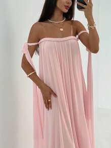 Aloruh 女士优雅浪漫纯色系带露肩宽松长款夏季连衣裙 - 淺粉色 - 查看 6