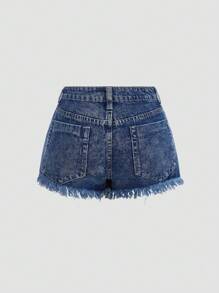 SHEIN PETITE Einfarbige Denim Shorts mit ausgefranstem Saum, Taschen und Rissen, lässiger Sommerstil