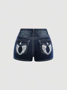SHEIN Girlism Teen Girls Y2K Solid Washed Low Rised Skinny Denim Jeans Mini Shorts With Letter Wing Embroidered Pocketed,Summer Boho Beach Concert Rave Festival Outfits,Summer Cute Shorts Boho Beach Concert Rave Festival Streetwear Outfits,Girls Graduation Summer Vacation Outfits - Dark Wash - View 4