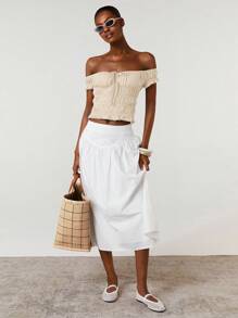 Athîral Áo crop top trễ vai màu trơn buộc dây phía trước dành cho nữ đi nghỉ - Màu be - Xem 3