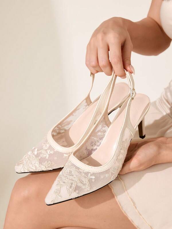 CUCCOO CHICEST Women's Pointed Toe Lace Net Fabric Ankle Strap Stiletto High Heel Pump Party Wedding Shoes, Apricot Color