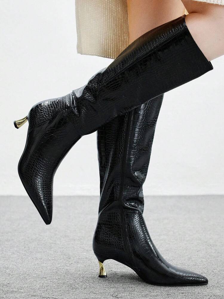CUCCOO BIZCHIC Bottes hautes jusqu'à la cuisse à talon haut slim, bout pointu, motif pierre noir, fermeture éclair latérale, pour soirée habillée
