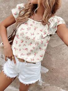 SHEIN LUNE Women's Casual Ditsy Floral Bow Back Ruffled Short Cap Sleeve Shirt, Suitable For Spring/Summer Everyday, Vacation, Ditsy Floral Suitable For Going Out