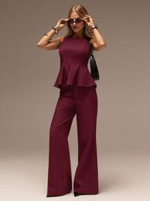 SHEIN Forever 21 春夏女士浪漫/舞会/正式/生日/90 年代/商务休闲/优雅/西部装/外出/时尚/休闲/Y2K/俱乐部/办公室/鸡尾酒会/复古/狂欢/有趣/优雅/老钱/街头服饰/度假/乡村音乐会/工作/端庄/春假/单身派对/音乐会/坏人/基本款/毕业/喇叭裤 - 酒紅色 - 查看 4