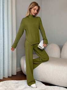 EURMUSE 2pcs Women High Neck Batwing Long Sleeve Sweater And Long Pants Casual Set - Olive Green - View 5