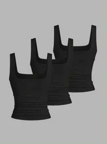 Sweetra 女士夏季休闲纯色吊带背心 - 黑色 - 查看 2