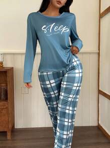 SHEIN 女士舒适针织睡衣套装，圆领设计，时尚格子印花，秋冬必备单品 - 彩色 - 查看 3