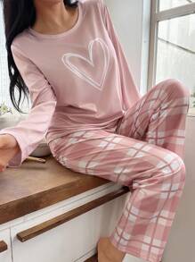 SHEIN Women's Chic And Comfortable Heart Print Long Sleeve Top And Long Plaid Pants Pajama Set, Loungewear Set, Fall Winter Clothes - Multicolor - View 1
