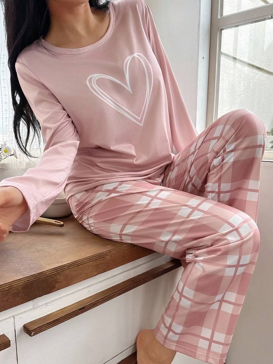 SHEIN Women's Chic And Comfortable Heart Print Long Sleeve Top And Long Plaid Pants Pajama Set, Loungewear Set, Fall Winter Clothes - Multicolor - View 1