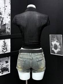 EgrlEra Women's Summer Fashion Textured Striped Sheer Blouse - Black - View 2