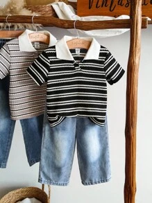 Vintaside Kids Toddler Boy 2pcs Striped Fashion Versatile All-Match Casual Denim Vibe Set