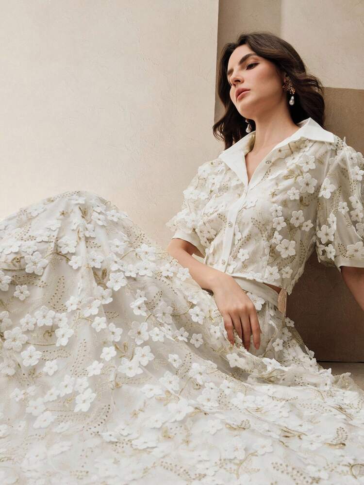 Elegant Romantic 3D Flower Bow Decor Blouse And Skirt 2 Pieces Set, Spring/Summer