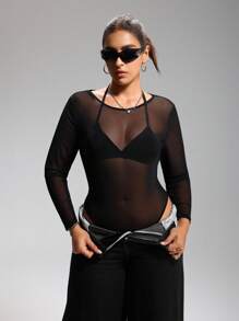LYSMO Plus Size Sexy Mesh Sheer Long Sleeve Black Bodysuit - Black - View 1