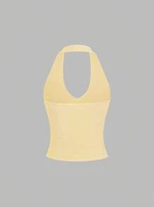 Sweetra Women's Solid Color Simple Knitted Top With Halter For Daily Wear Y2K Christmas Holiday Party Top - Yellow - View 2
