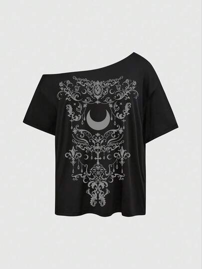 ROMWE Gothic Dark Witch Mysterious Palace Elegant Moon Chain Cathedral Sexy Asymmetrical Neck Basic Black Solid Color Summer Plus Size Loose Fitting T-Shirt, Halloween