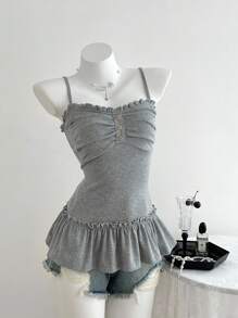 Elamini 女士夏季休闲纯色褶饰胸围荷叶边修身吊带背心 - 灰色 - 查看 6