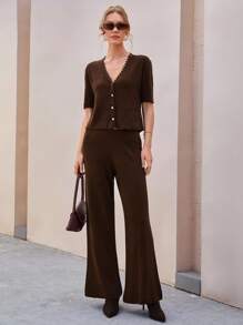 CLARA VERO Conjunto de 2 piezas de mujer con Cardigan de botones dorados y Pantalón de punto de suéter