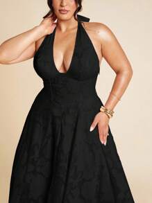 SHEIN BAE 大码女式春夏粉色 V 领露背纹理面料雪纺连衣裙、女式复活节连衣裙、毕业服装、女式性感俱乐部服装、女式春季服装、夏装、节日晚会服装、女式生日服装、婚礼服装、女式度假服装、音乐会 - 黑色 - 查看 2