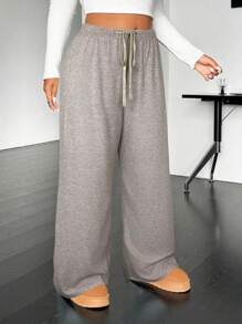 SHEIN EZwear 大码休闲抽绳针织直筒裤 - 卡其色 - 查看 4