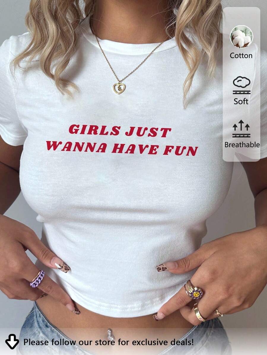 SHEIN EZwear Áo thun bó sát cổ tròn tay ngắn in khẩu hiệu "Girls Just Wanna Have Fun" thiết kế đơn giản & giản dị, phù hợp cho lễ hội âm nhạc, kỳ nghỉ xuân - trắng - Xem 1