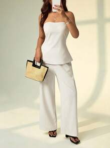 SHEIN PETITE Bộ 2 áo liền quần màu trơn đơn giản cho nữ - Màu Khaki - Xem 8